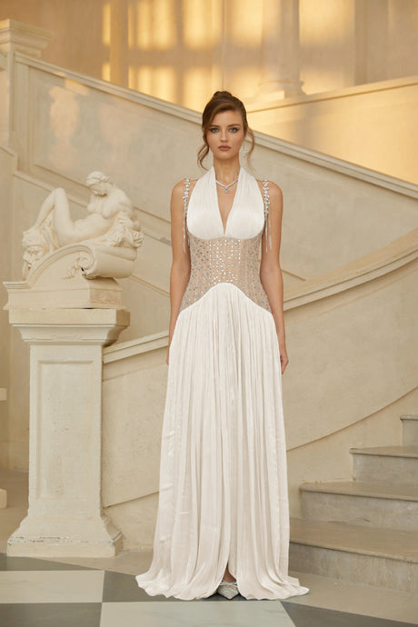 Ninetta Maxi Dress White Rhinestone Panel