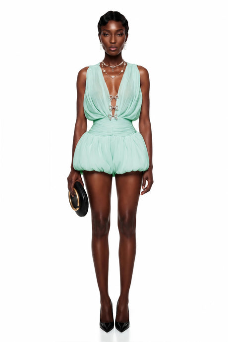 Gabriella Mini Dress Green Ruched with Bow Detail