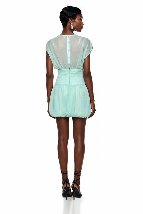 Gabriella Mini Dress Green Ruched with Bow Detail