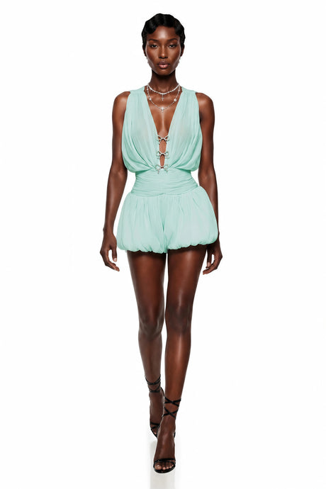 Gabriella Mini Dress Green Ruched with Bow Detail