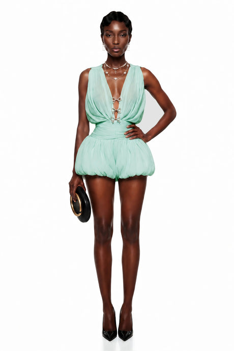 Gabriella Mini Dress Green Ruched with Bow Detail