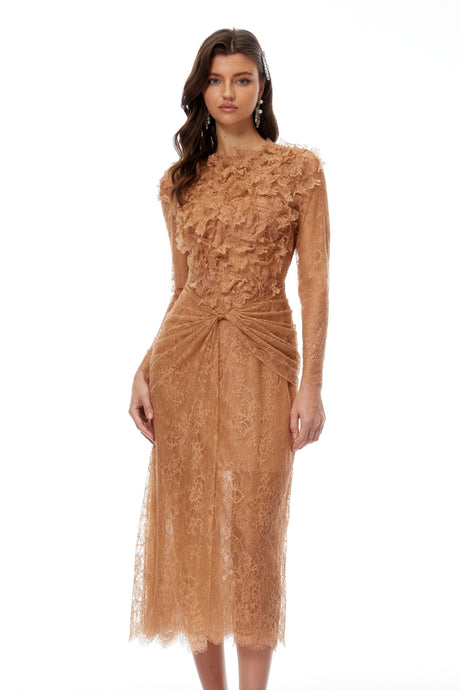 Rowan Midi Dress Caramel Twisted Floral Lace