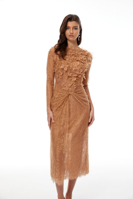 Rowan Midi Dress Caramel Twisted Floral Lace
