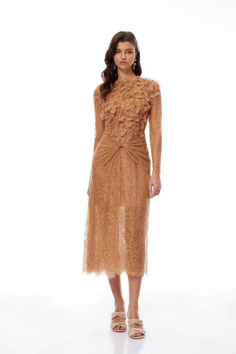 Rowan Midi Dress Caramel Twisted Floral Lace