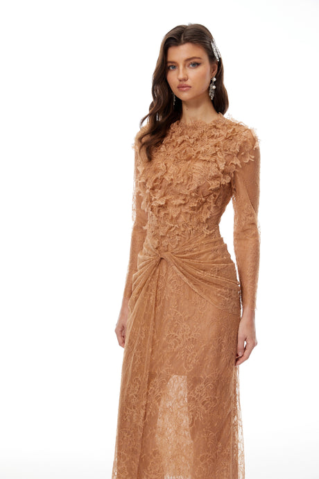 Rowan Midi Dress Caramel Twisted Floral Lace