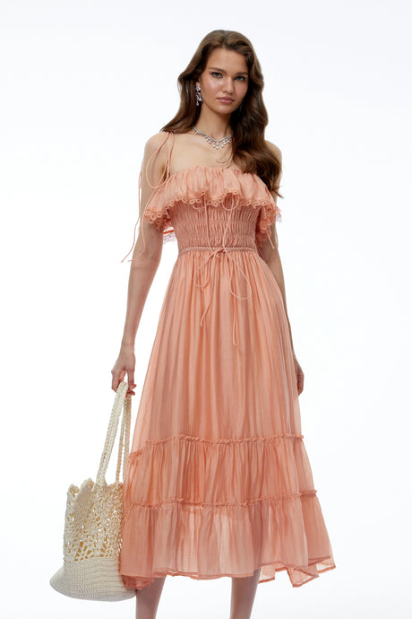 Alessandrina Midi Dress Coral Sleeveless Ruffled with Lace Trim