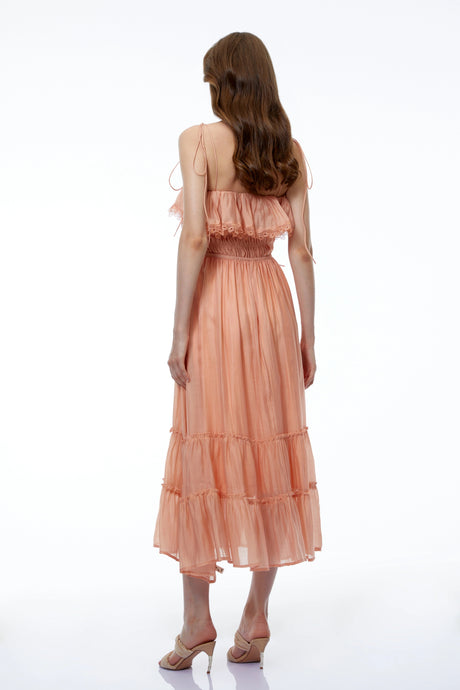 Alessandrina Midi Dress Coral Sleeveless Ruffled with Lace Trim