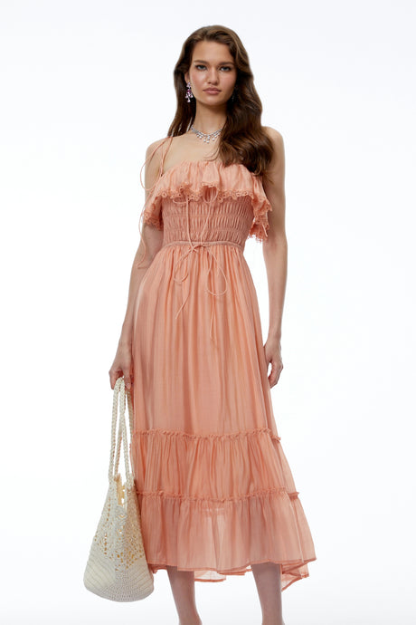 Alessandrina Midi Dress Coral Sleeveless Ruffled with Lace Trim