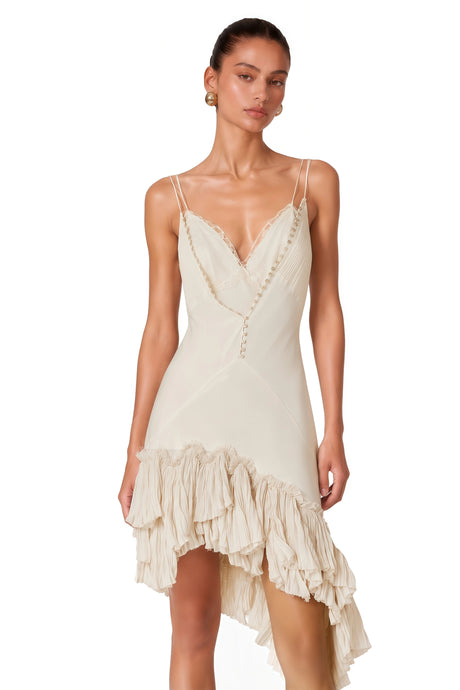 Edvige Mini Dress Cream Asymmetrical with Ruffled Lace