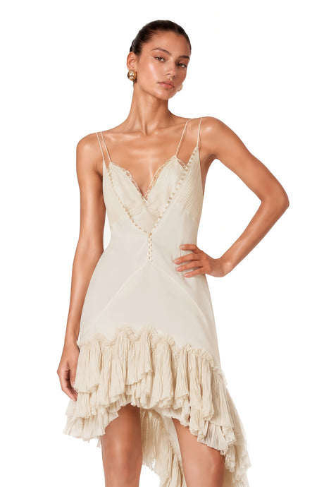 Edvige Mini Dress Cream Asymmetrical with Ruffled Lace