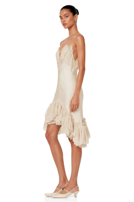 Edvige Mini Dress Cream Asymmetrical with Ruffled Lace