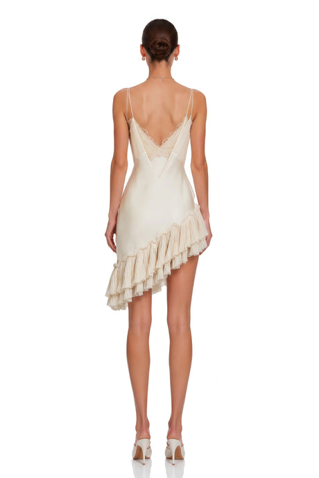 Edvige Mini Dress Cream Asymmetrical with Ruffled Lace