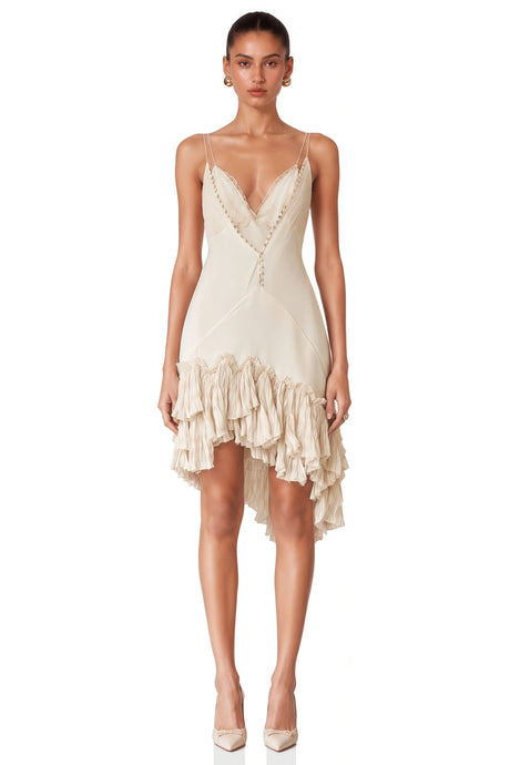 Edvige Mini Dress Cream Asymmetrical with Ruffled Lace