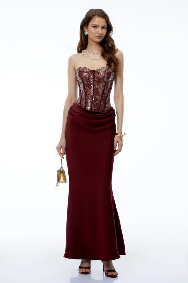Halima Burgundy Sequin Maxi Dress with Lace Panels