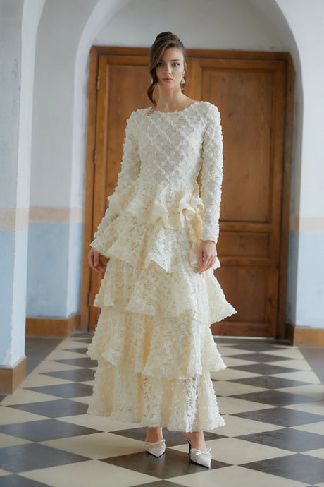 Letizia Maxi Dress Neutral Tiered Floral Lace