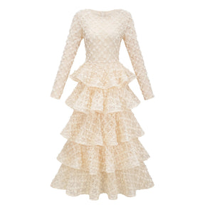 Halla Neutral Tiered Floral Lace Maxi Dress