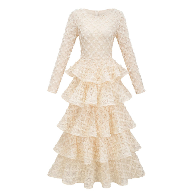 Halla Neutral Tiered Floral Lace Maxi Dress