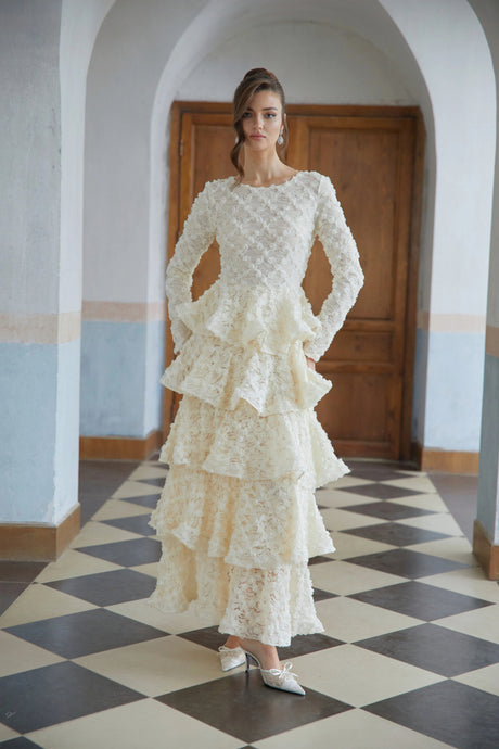 Letizia Maxi Dress Neutral Tiered Floral Lace