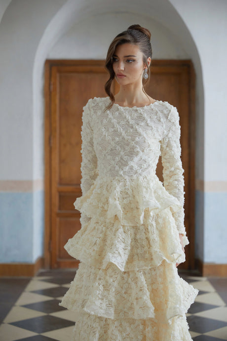 Letizia Maxi Dress Neutral Tiered Floral Lace