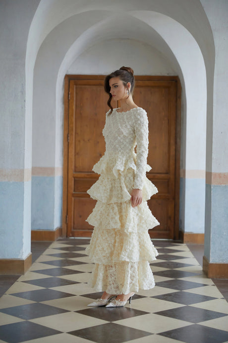 Letizia Maxi Dress Neutral Tiered Floral Lace