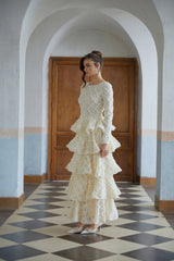 Halla Neutral Tiered Floral Lace Maxi Dress