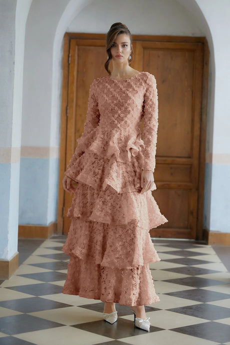 Vera Maxi Dress Pink Tiered Floral Lace
