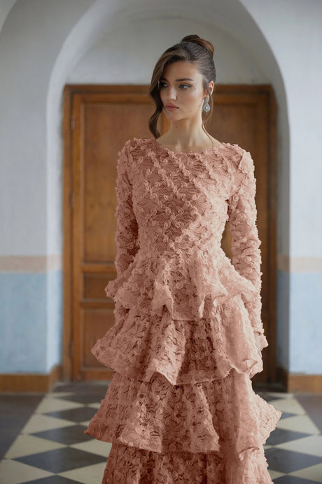 Vera Maxi Dress Pink Tiered Floral Lace