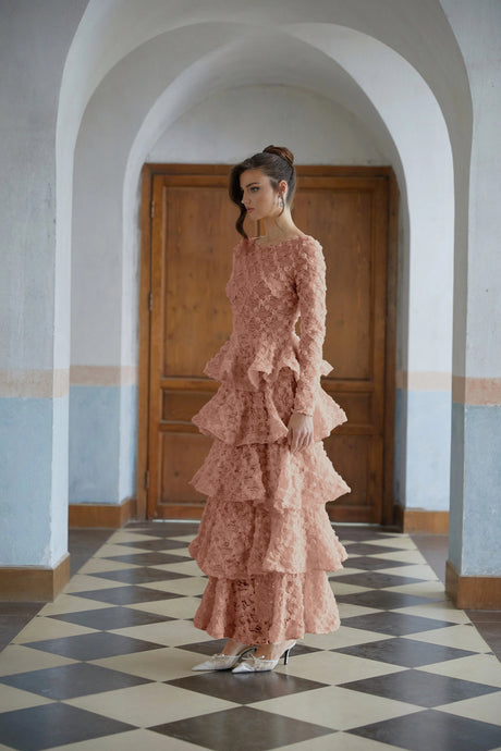 Vera Maxi Dress Pink Tiered Floral Lace