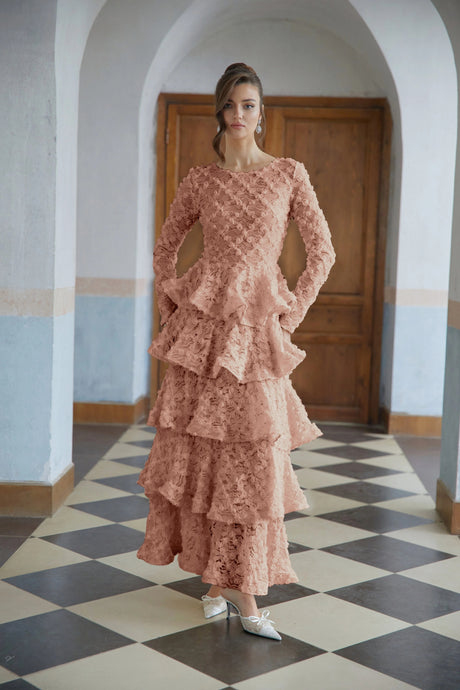 Vera Maxi Dress Pink Tiered Floral Lace
