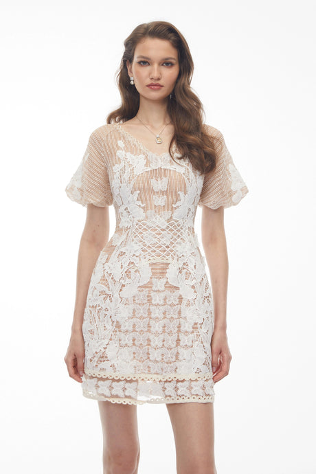 Bianchina Mini Dress Neutral Lace with Butterfly Appliqué