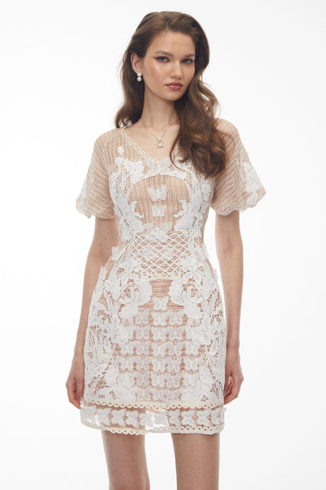 Bianchina Mini Dress Neutral Lace with Butterfly Appliqué
