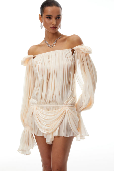 Gilda Mini Dress Neutrals Pleated Ruffled