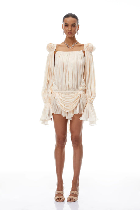 Gilda Mini Dress Neutrals Pleated Ruffled
