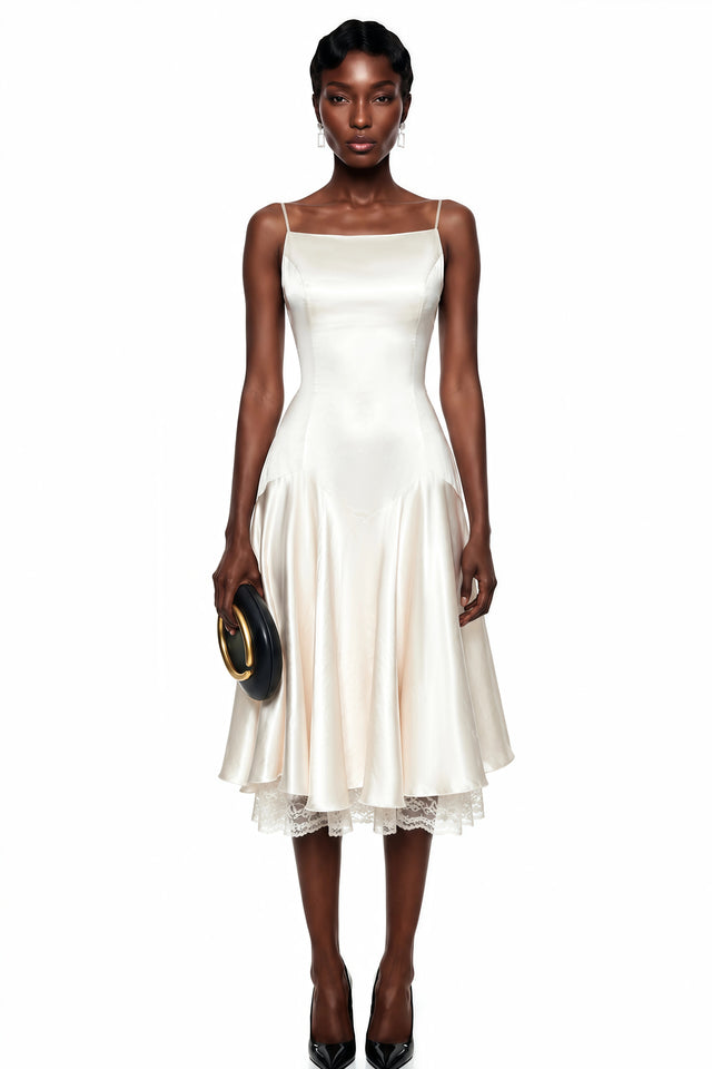 Hanife Champagne Satin Midi Dress with Lace Panels