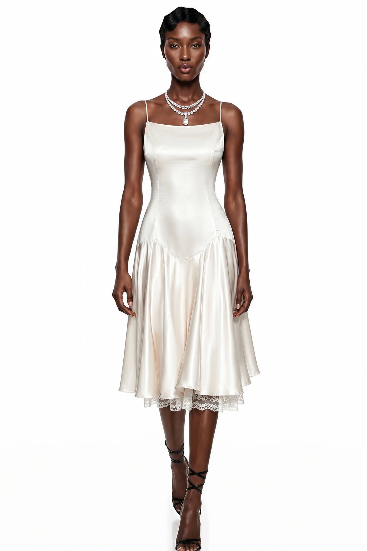 Hanife Champagne Satin Midi Dress with Lace Panels