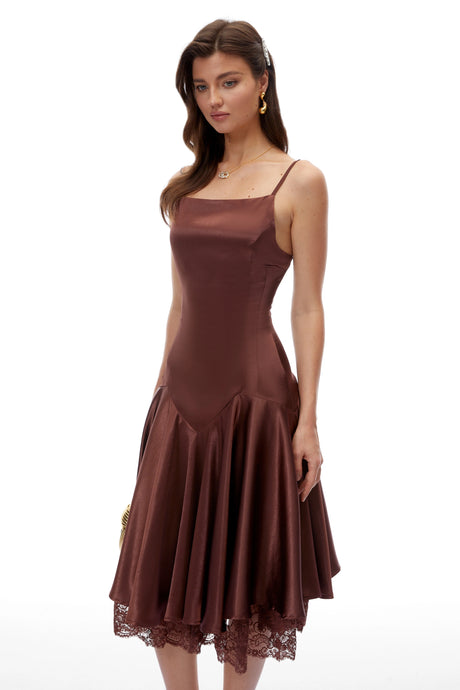 Alma Midi Dress Chocolate Brown Satin with Lace Panels