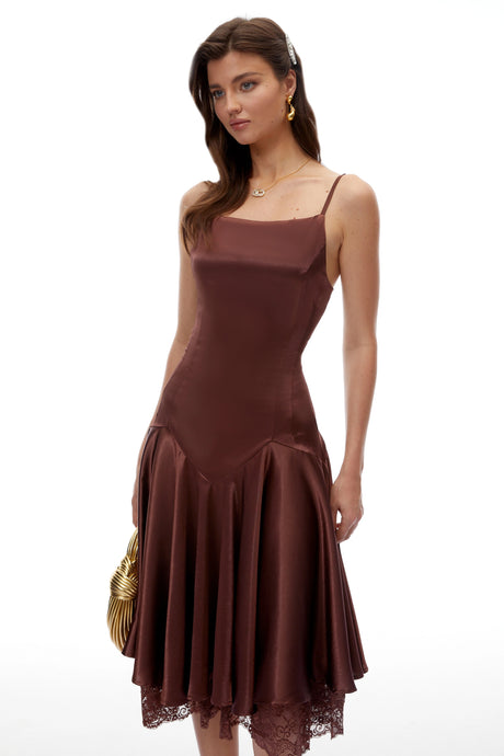 Alma Midi Dress Chocolate Brown Satin with Lace Panels