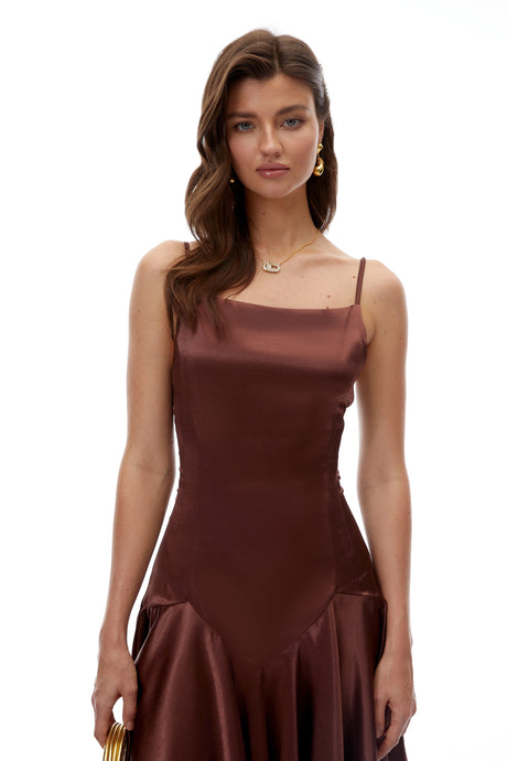 Alma Midi Dress Chocolate Brown Satin with Lace Panels