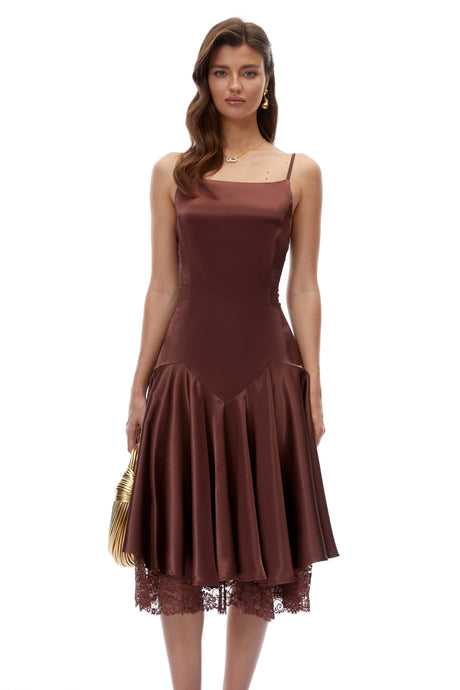 Alma Midi Dress Chocolate Brown Satin with Lace Panels