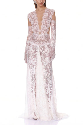Hanna White Sheer Lace Maxi Dress with Deep VNeck Without Gloves