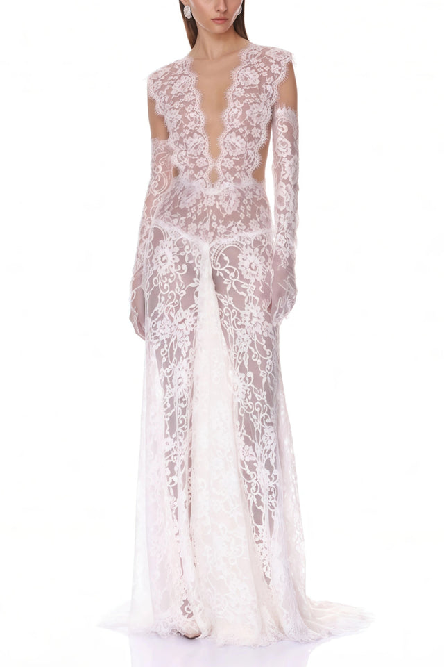 Hanna White Sheer Lace Maxi Dress with Deep VNeck Without Gloves