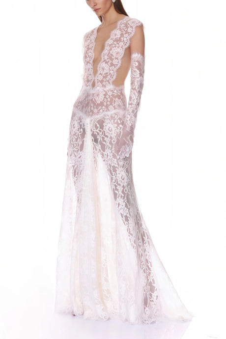 Gemma Maxi Dress White Sheer Lace with Deep V-Neck (Without Gloves)