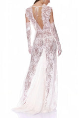 Hanna White Sheer Lace Maxi Dress with Deep VNeck Without Gloves