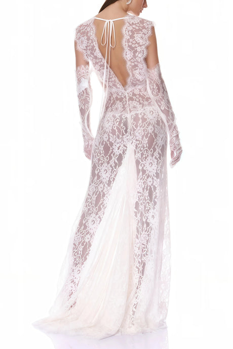 Gemma Maxi Dress White Sheer Lace with Deep V-Neck (Without Gloves)