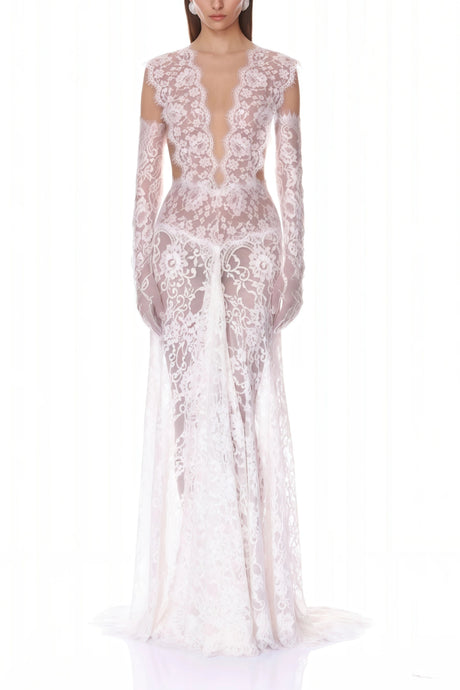 Gemma Maxi Dress White Sheer Lace with Deep V-Neck (Without Gloves)