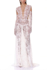 Hanna White Sheer Lace Maxi Dress with Deep VNeck Without Gloves