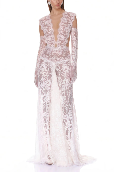 Gemma Maxi Dress White Sheer Lace with Deep V-Neck (Without Gloves)