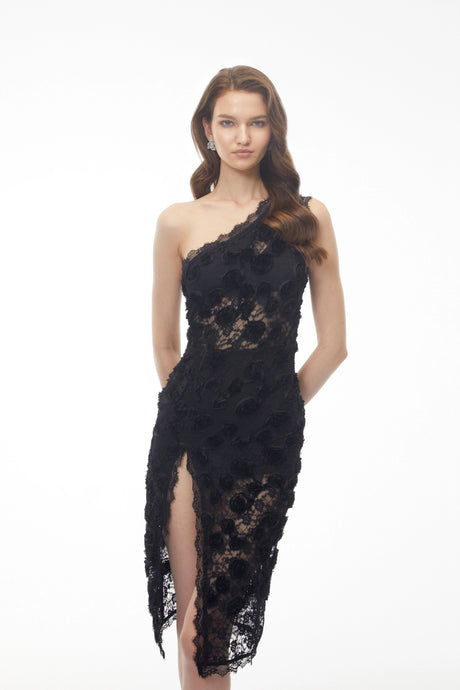 Giovannella Midi Dress Black 3D Floral wiith Side Slit