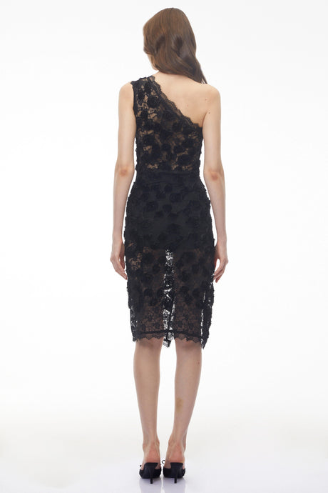 Giovannella Midi Dress Black 3D Floral wiith Side Slit
