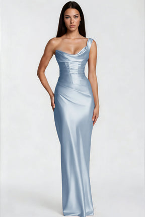 Hannah Blue One Shoulder Satin Maxi Dress
